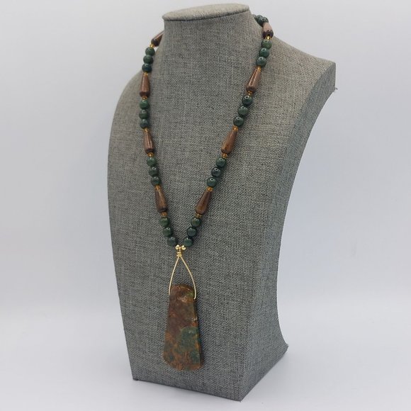 Semi Precious Stone Necklace Green Brown Gold Toned Statement Pendant Natural Ro - Picture 2 of 7